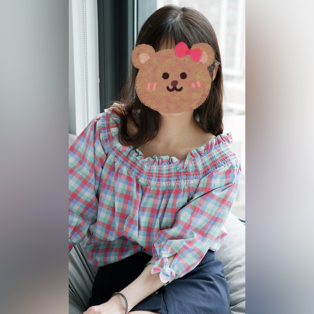 kate spade Pink, Blue & Mint Plaid Off-Shoulder Top